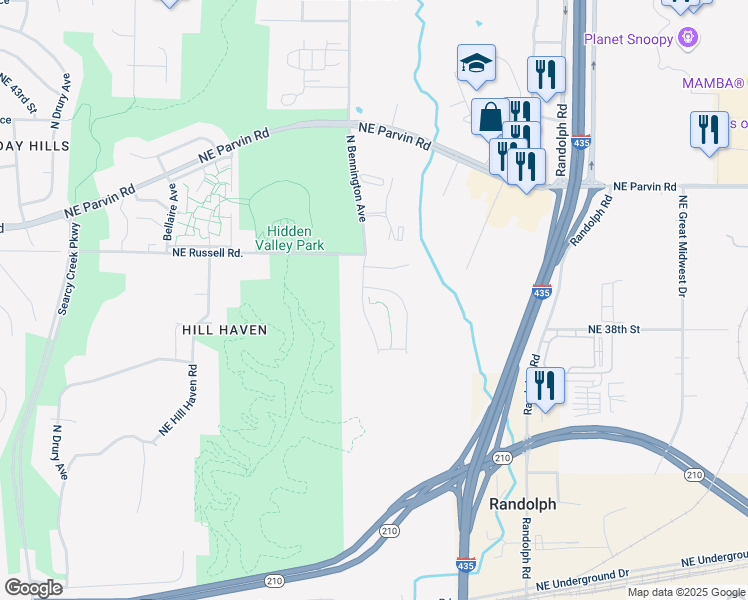 map of restaurants, bars, coffee shops, grocery stores, and more near 6653 Northeast 39th Street in Kansas City