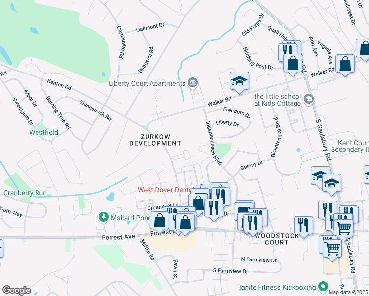 map of restaurants, bars, coffee shops, grocery stores, and more near 9 Dover Hall in Dover