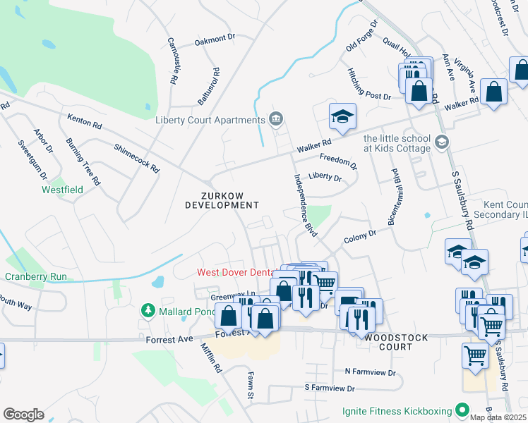 map of restaurants, bars, coffee shops, grocery stores, and more near 9 Dover Hall in Dover