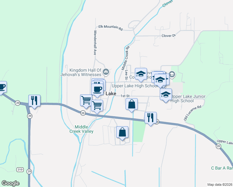 map of restaurants, bars, coffee shops, grocery stores, and more near 422 1st Street in Upper Lake