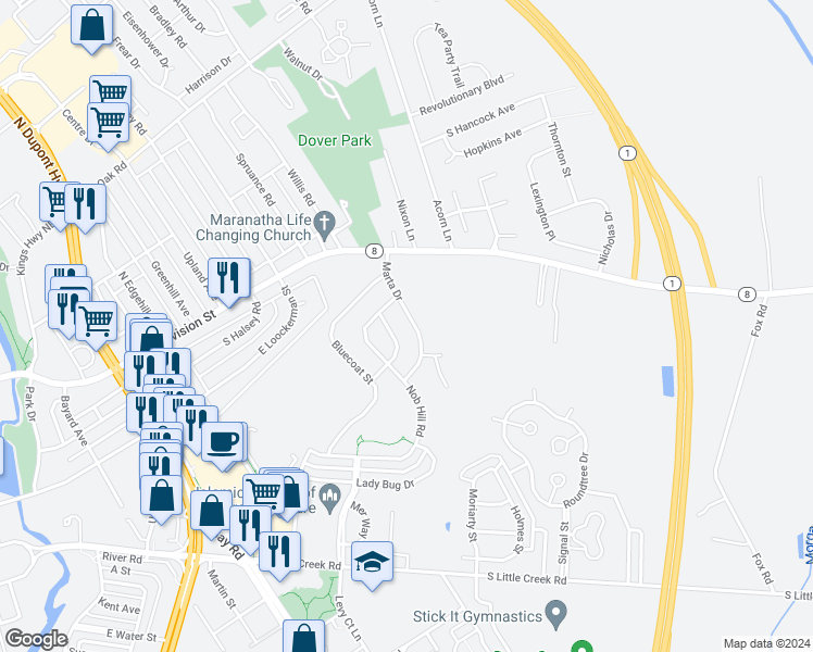 map of restaurants, bars, coffee shops, grocery stores, and more near 718 Marta Drive in Dover