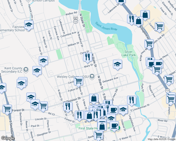 map of restaurants, bars, coffee shops, grocery stores, and more near 231 North Bradford Street in Dover