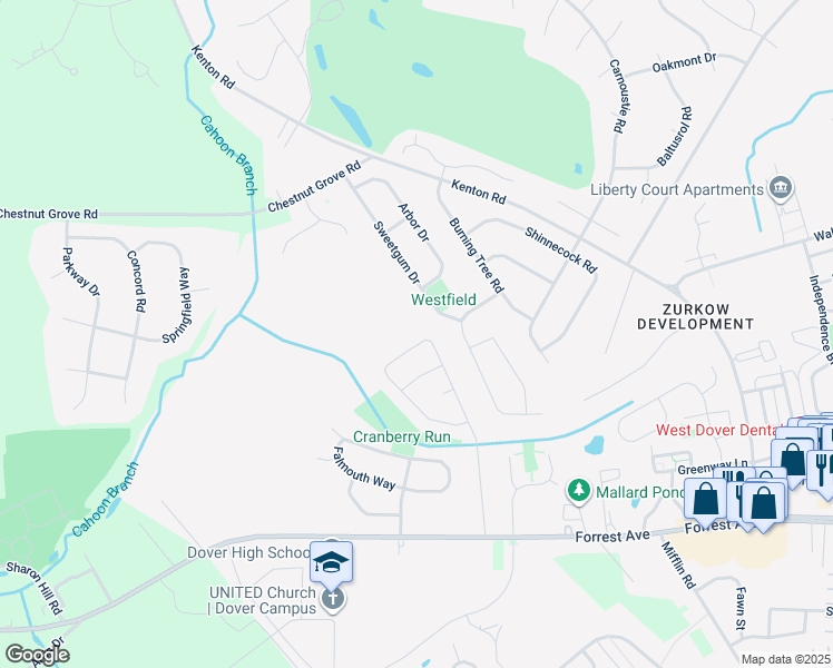 map of restaurants, bars, coffee shops, grocery stores, and more near 148 Sweetgum Drive in Dover