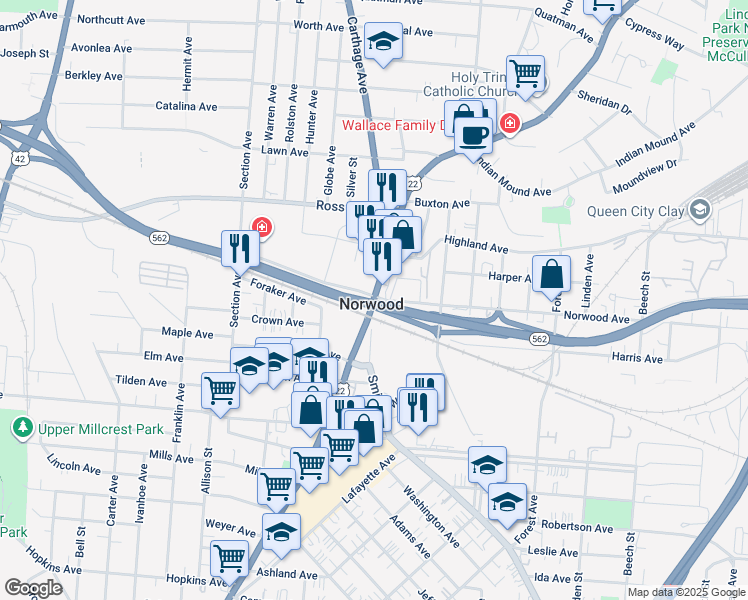 map of restaurants, bars, coffee shops, grocery stores, and more near in Norwood