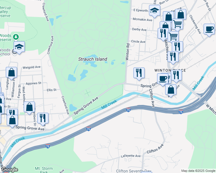 map of restaurants, bars, coffee shops, grocery stores, and more near 4521 Spring Grove Avenue in Cincinnati