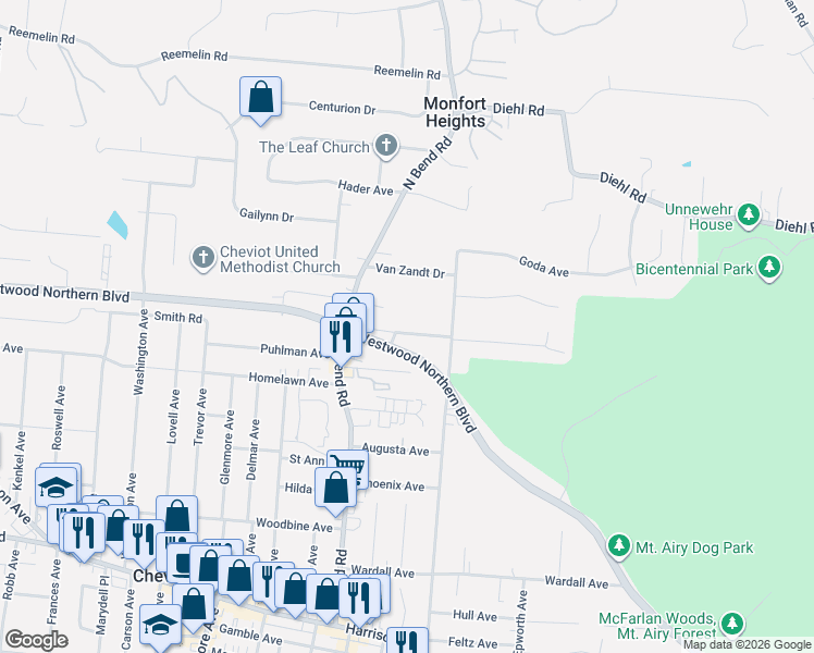 map of restaurants, bars, coffee shops, grocery stores, and more near 4207 Boudinot Avenue in Cincinnati