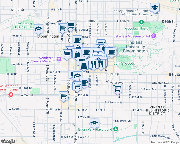 map of restaurants, bars, coffee shops, grocery stores, and more near 309 East 3rd Street in Bloomington