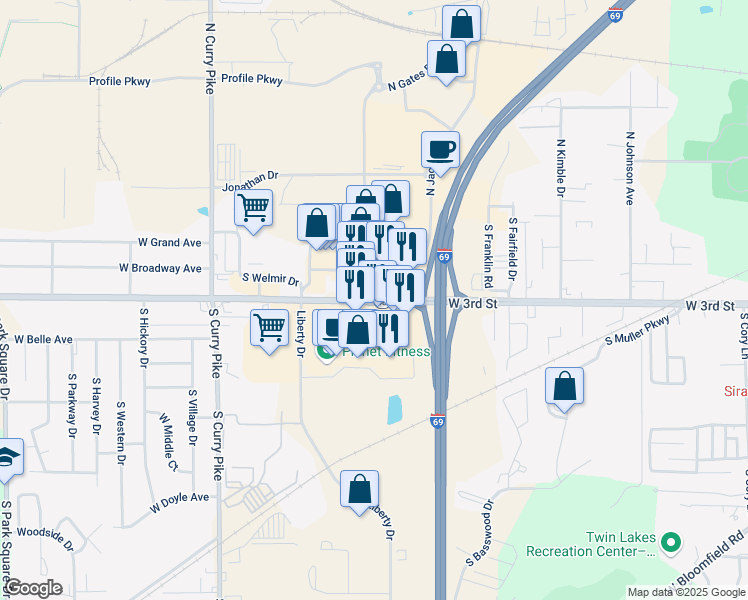 map of restaurants, bars, coffee shops, grocery stores, and more near 3207-3383 Indiana 48 in Bloomington