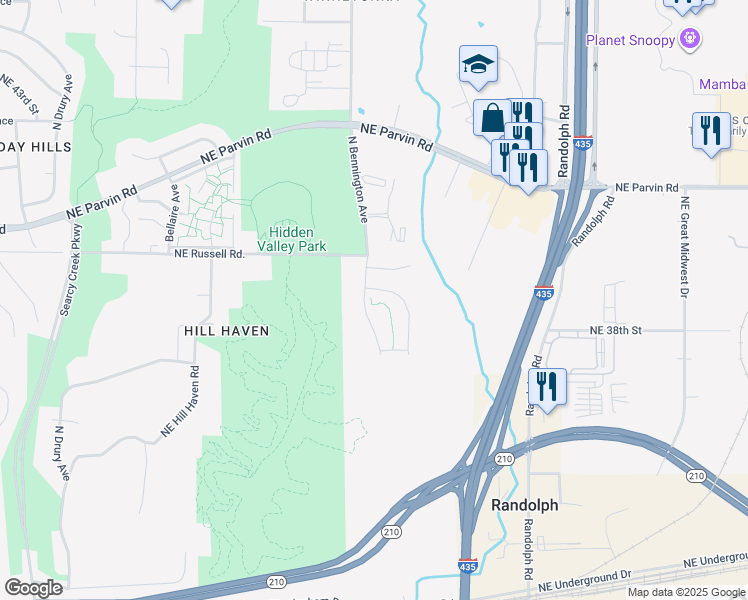 map of restaurants, bars, coffee shops, grocery stores, and more near 6653 Northeast 39th Street in Kansas City