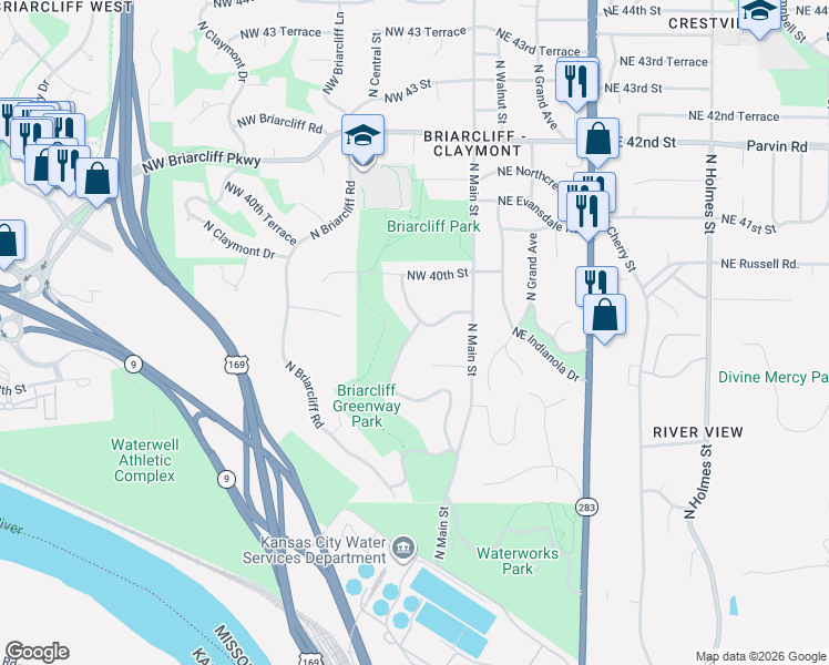 map of restaurants, bars, coffee shops, grocery stores, and more near 3900 North Central Street in Kansas City