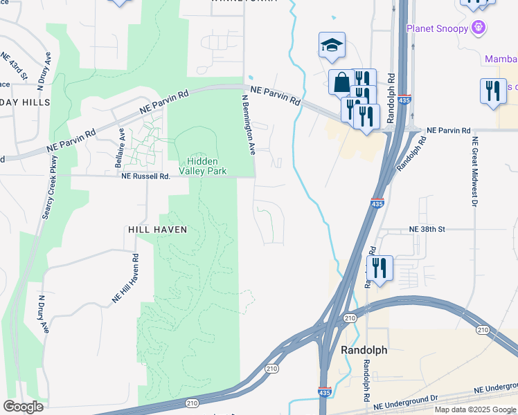 map of restaurants, bars, coffee shops, grocery stores, and more near 6601 Northeast 39th Street in Randolph