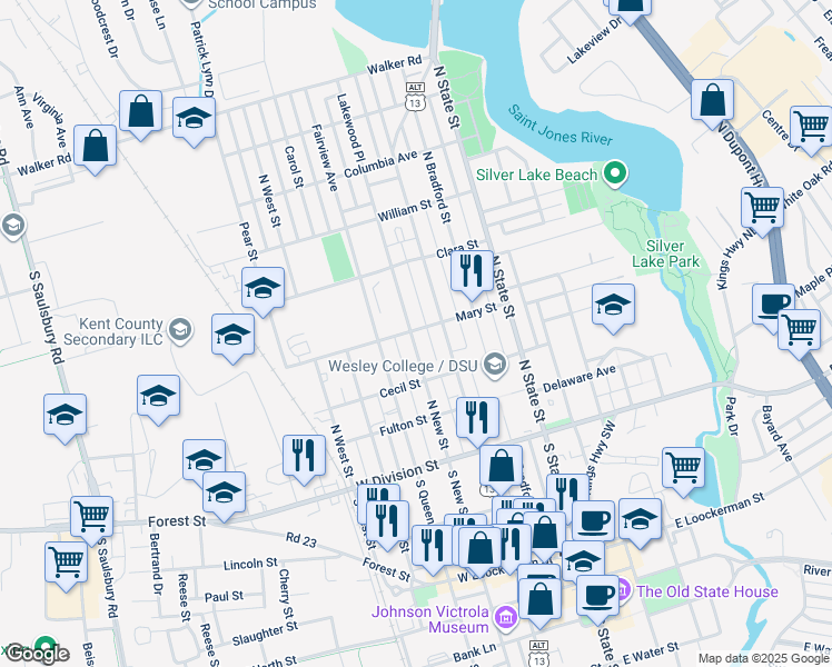 map of restaurants, bars, coffee shops, grocery stores, and more near 239 North New Street in Dover