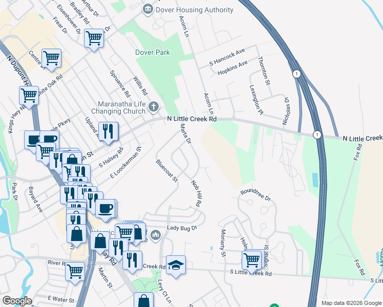 map of restaurants, bars, coffee shops, grocery stores, and more near 718 Marta Drive in Dover