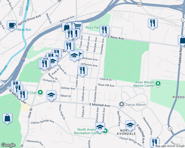 map of restaurants, bars, coffee shops, grocery stores, and more near 4426 Kemper Avenue in Cincinnati