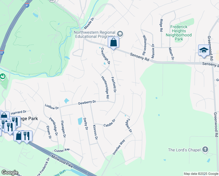 map of restaurants, bars, coffee shops, grocery stores, and more near 284 Huntersridge Road in Winchester