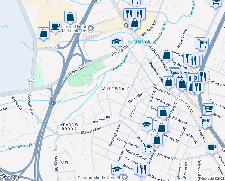 map of restaurants, bars, coffee shops, grocery stores, and more near 507-5 2nd Avenue Southwest in Glen Burnie