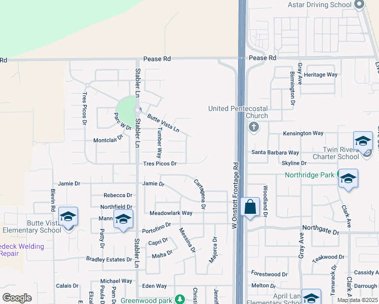 map of restaurants, bars, coffee shops, grocery stores, and more near 1841 Stabler Park Drive in Yuba City