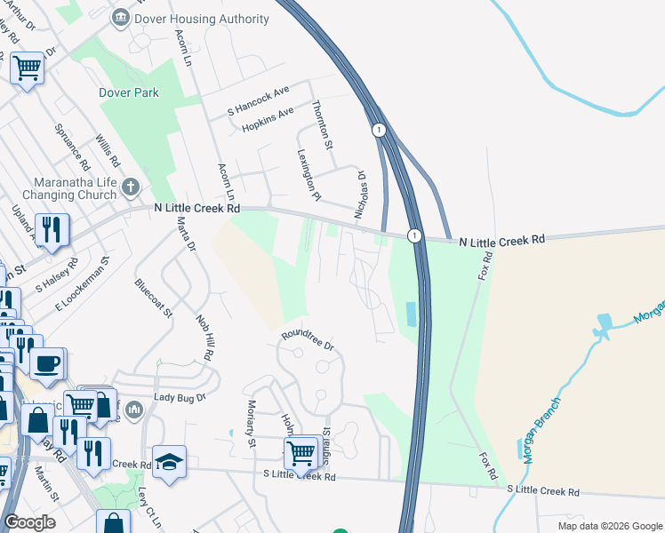 map of restaurants, bars, coffee shops, grocery stores, and more near 1542 North Little Creek Road in Dover