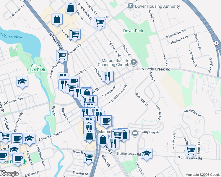 map of restaurants, bars, coffee shops, grocery stores, and more near 801 South Halsey Road in Dover
