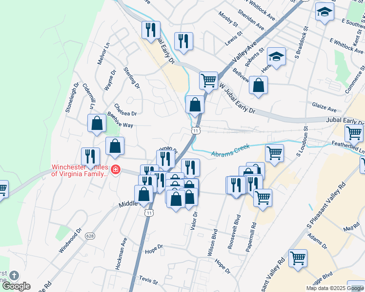map of restaurants, bars, coffee shops, grocery stores, and more near 2011 Valley Avenue in Winchester