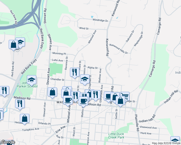 map of restaurants, bars, coffee shops, grocery stores, and more near 5406 Owasco Street in Cincinnati