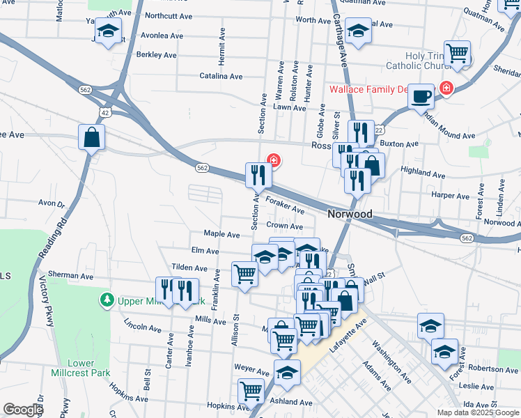 map of restaurants, bars, coffee shops, grocery stores, and more near 4811 Section Avenue in Cincinnati
