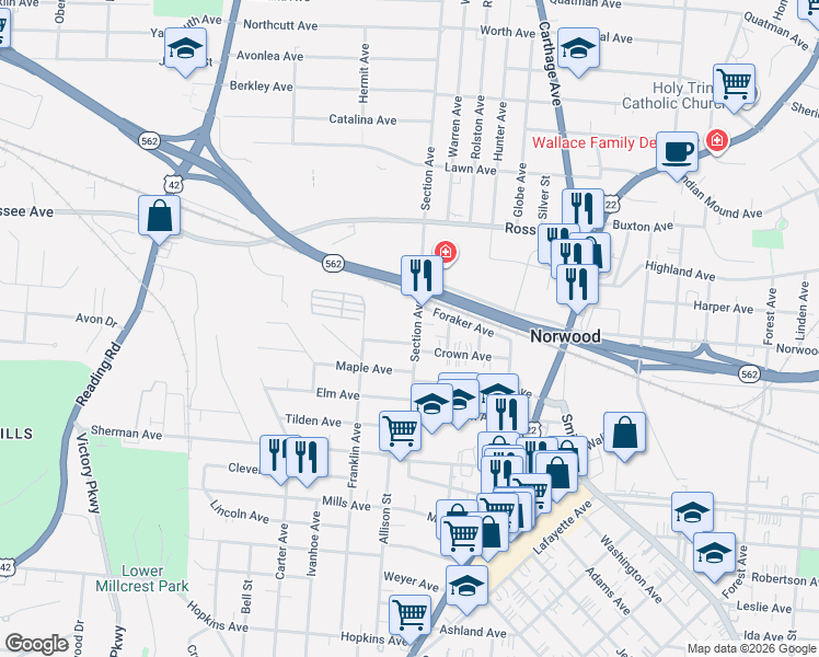 map of restaurants, bars, coffee shops, grocery stores, and more near 4811 Section Avenue in Cincinnati
