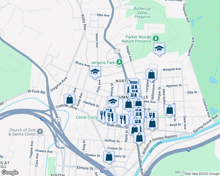 map of restaurants, bars, coffee shops, grocery stores, and more near 1641 Pullan Avenue in Cincinnati