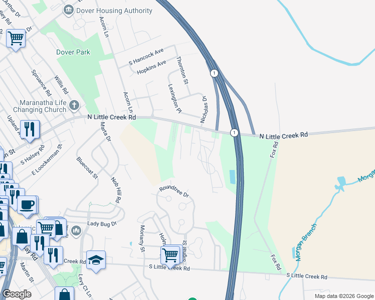 map of restaurants, bars, coffee shops, grocery stores, and more near 1542 North Little Creek Road in Dover