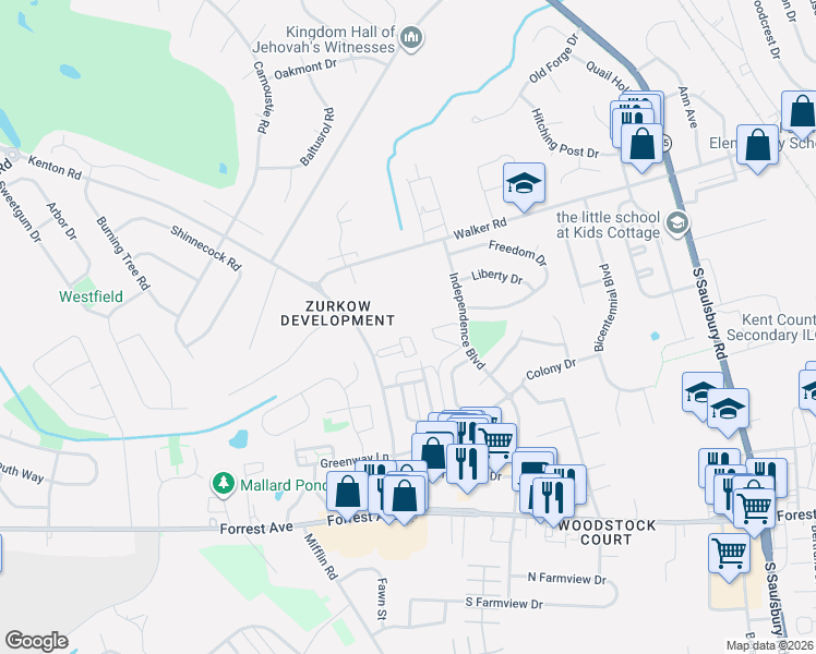 map of restaurants, bars, coffee shops, grocery stores, and more near 41 Lamplighter Lane in Dover