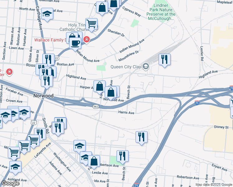 map of restaurants, bars, coffee shops, grocery stores, and more near 4919 Lloyd Avenue in Cincinnati