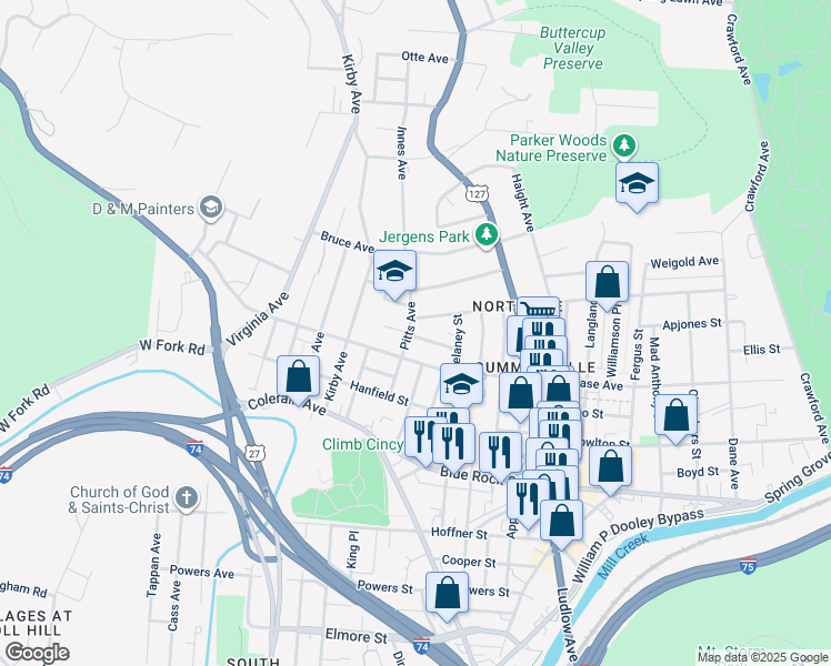 map of restaurants, bars, coffee shops, grocery stores, and more near 1679 Pullan Avenue in Cincinnati