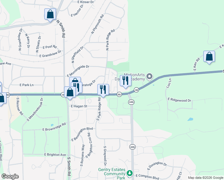map of restaurants, bars, coffee shops, grocery stores, and more near 4501 East 3rd Street in Bloomington