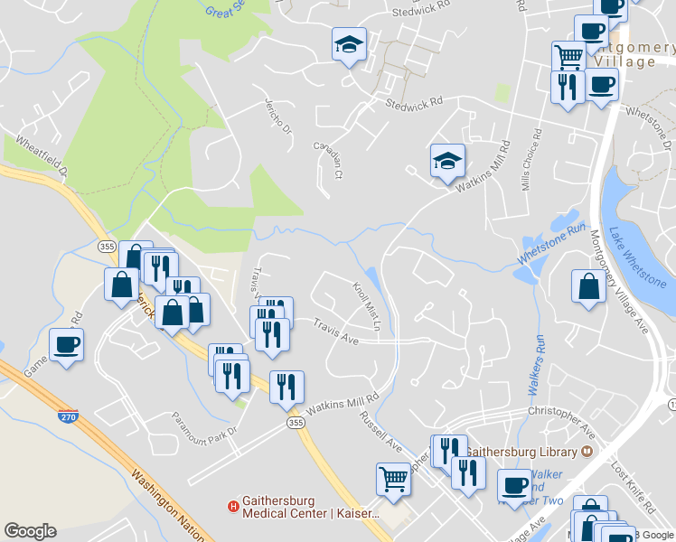 map of restaurants, bars, coffee shops, grocery stores, and more near 1269 Knoll Mist Lane in Gaithersburg
