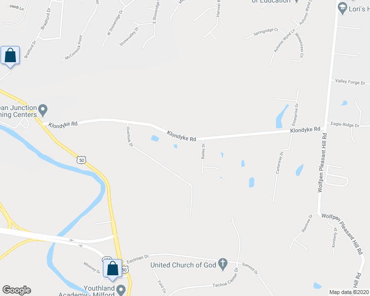 map of restaurants, bars, coffee shops, grocery stores, and more near 1011 Klondyke Road in Milford