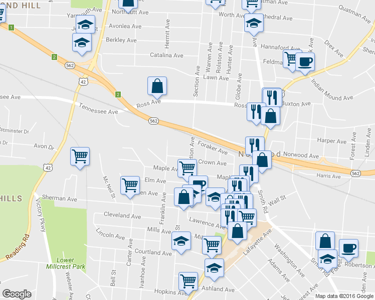 map of restaurants, bars, coffee shops, grocery stores, and more near 4811 Section Avenue in Cincinnati