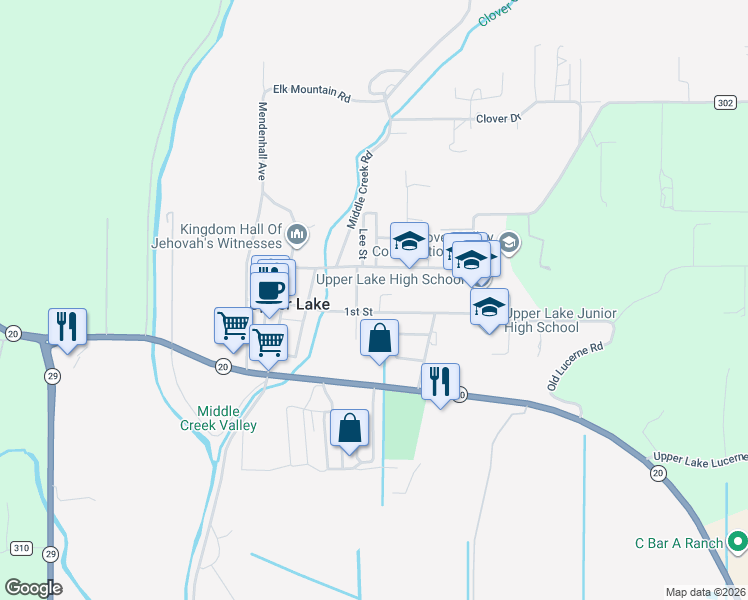 map of restaurants, bars, coffee shops, grocery stores, and more near 522 1st Street in Upper Lake