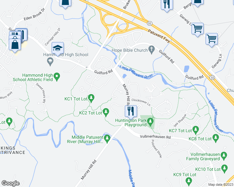 map of restaurants, bars, coffee shops, grocery stores, and more near 7502 Summer Blossom Lane in Columbia