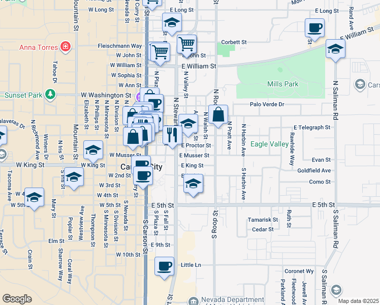map of restaurants, bars, coffee shops, grocery stores, and more near in Carson City