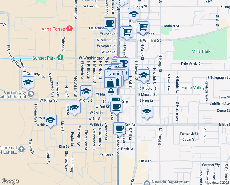 map of restaurants, bars, coffee shops, grocery stores, and more near in Carson City