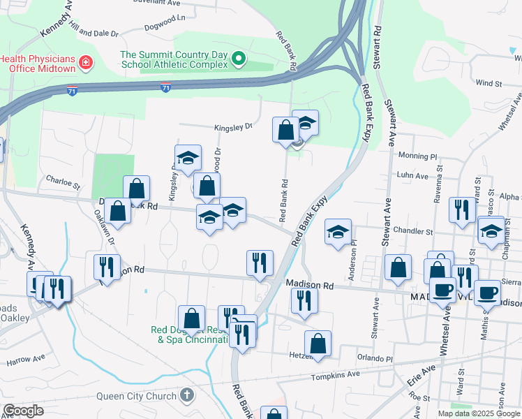 map of restaurants, bars, coffee shops, grocery stores, and more near 5228 Duck Creek Road in Cincinnati
