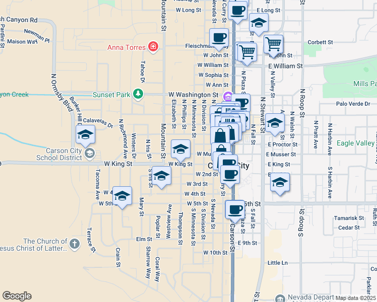 map of restaurants, bars, coffee shops, grocery stores, and more near 210 North Minnesota Street in Carson City