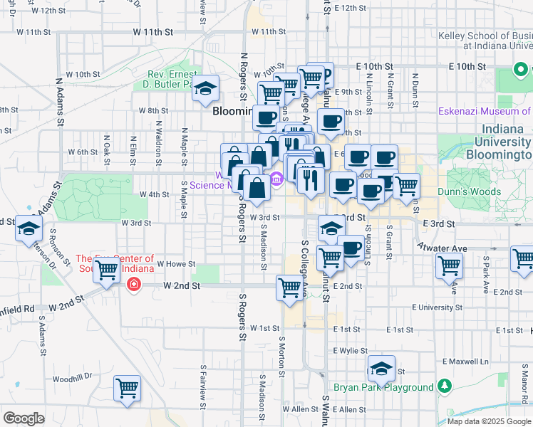 map of restaurants, bars, coffee shops, grocery stores, and more near 216 South Morton Street in Bloomington