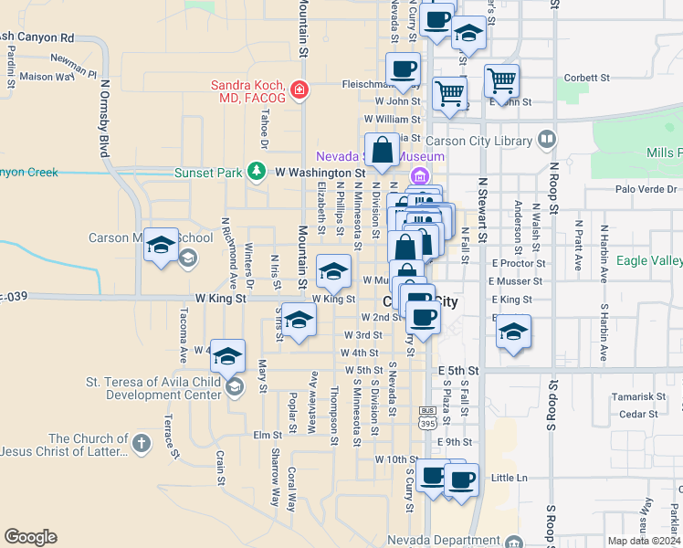 map of restaurants, bars, coffee shops, grocery stores, and more near 210 North Minnesota Street in Carson City