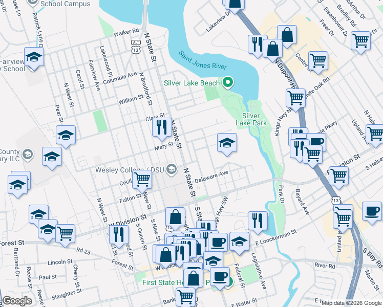 map of restaurants, bars, coffee shops, grocery stores, and more near 223 North State Street in Dover