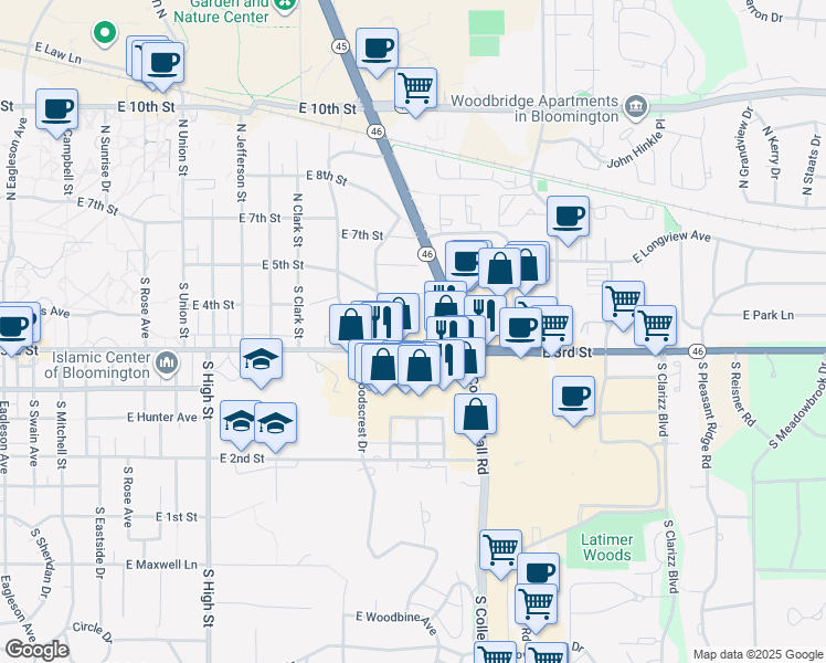 map of restaurants, bars, coffee shops, grocery stores, and more near 2611 East 3rd Street in Bloomington