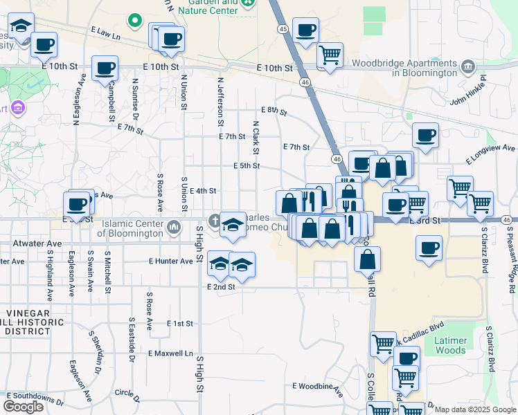 map of restaurants, bars, coffee shops, grocery stores, and more near 208 South Clark Street in Bloomington