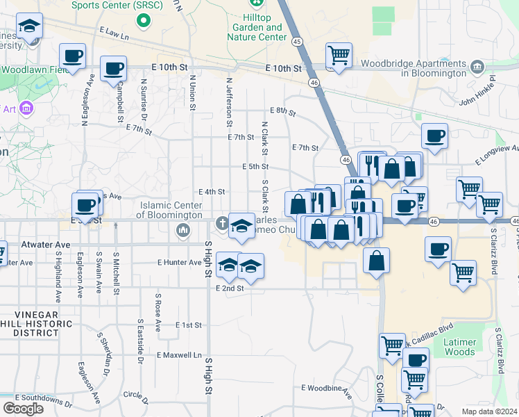 map of restaurants, bars, coffee shops, grocery stores, and more near 208 South Clark Street in Bloomington