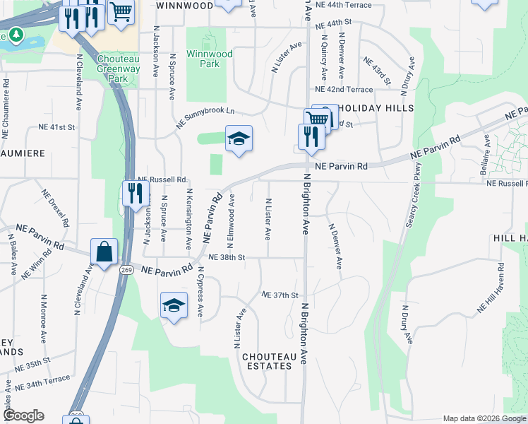 map of restaurants, bars, coffee shops, grocery stores, and more near 3920 North Lister Avenue in Kansas City