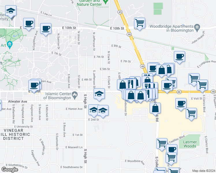 map of restaurants, bars, coffee shops, grocery stores, and more near 218 South Clark Street in Bloomington